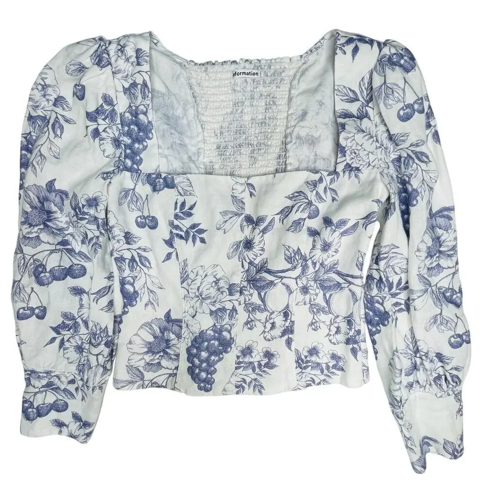 Reformation Stilton Linen Top Blue Toile Floral Long Sleeve Square Neck Size 2